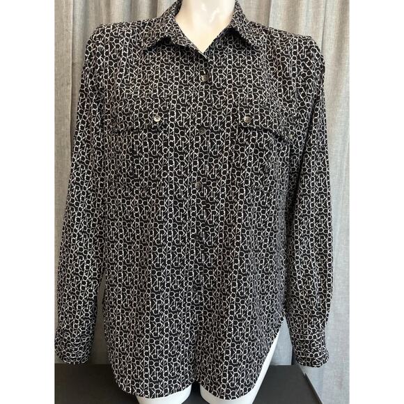 Calvin Klein Black & White CK All Over Logo Women's Long Sleeve Shirt Blouse M - Picture 14 of 16